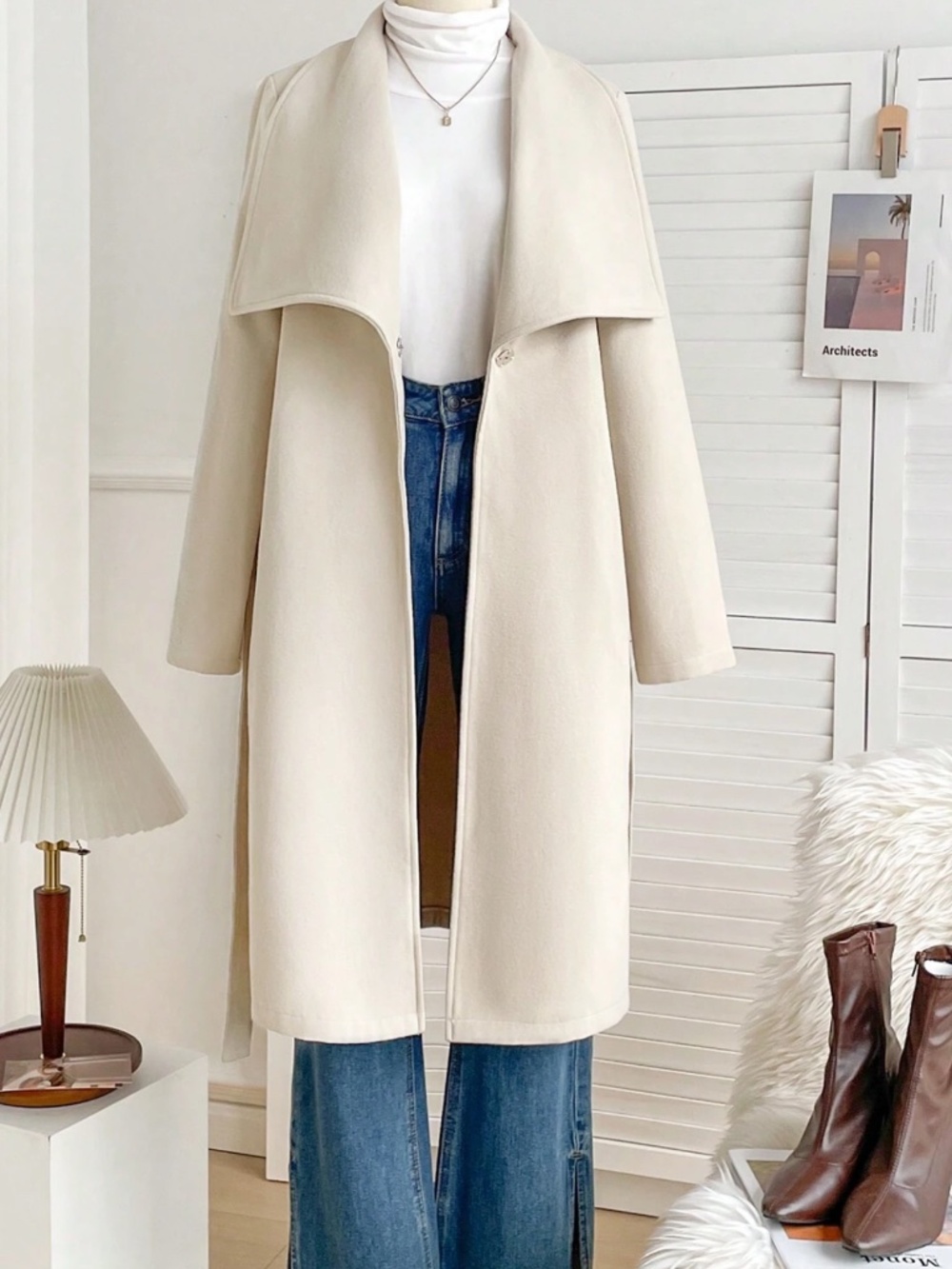 Classic Solid Cream Wide Collar belted Jacket Coat - Picture 3 of 6